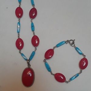 Handmade turquoise & red stone necklace set